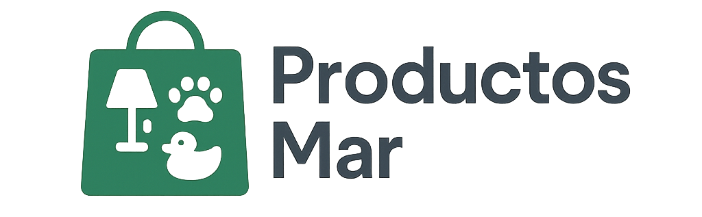 Logotipo de Productos Mar con íconos de lámpara, huella de mascota y pato de juguete, representando la venta de artículos del hogar, mascotas y juguetes