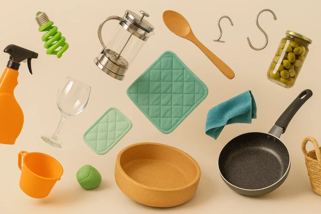 Utensilios de cocina y artículos para el hogar sobre fondo beige, ideales para la venta de artículos del hogar, mascotas y juguetes
