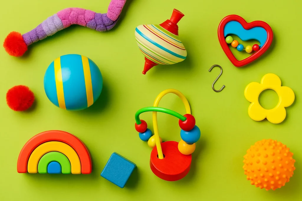 Juguetes educativos y sensoriales para niños sobre fondo verde, enfocados en la venta de artículos del hogar, mascotas y juguetes