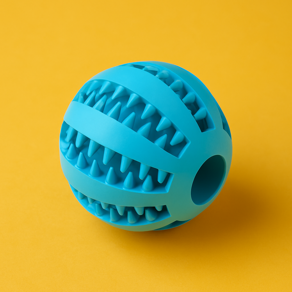 Pelota azul con textura para mascotas sobre fondo amarillo, ideal para la venta de artículos del hogar, mascotas y juguetes