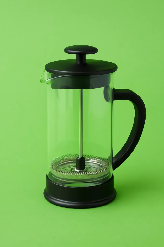 Prensa francesa de vidrio y plástico negro sobre fondo verde, ideal para la venta de artículos del hogar, mascotas y juguetes