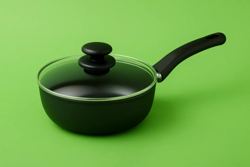 Sartén negra con tapa de vidrio sobre fondo verde, representando la venta de artículos del hogar, mascotas y juguetes