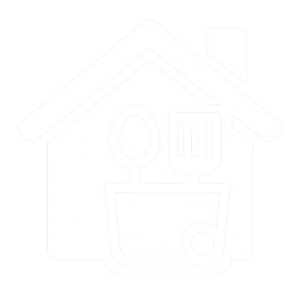 Ícono de casa con utensilios de cocina en blanco y negro, representando la venta de artículos del hogar, mascotas y juguetes